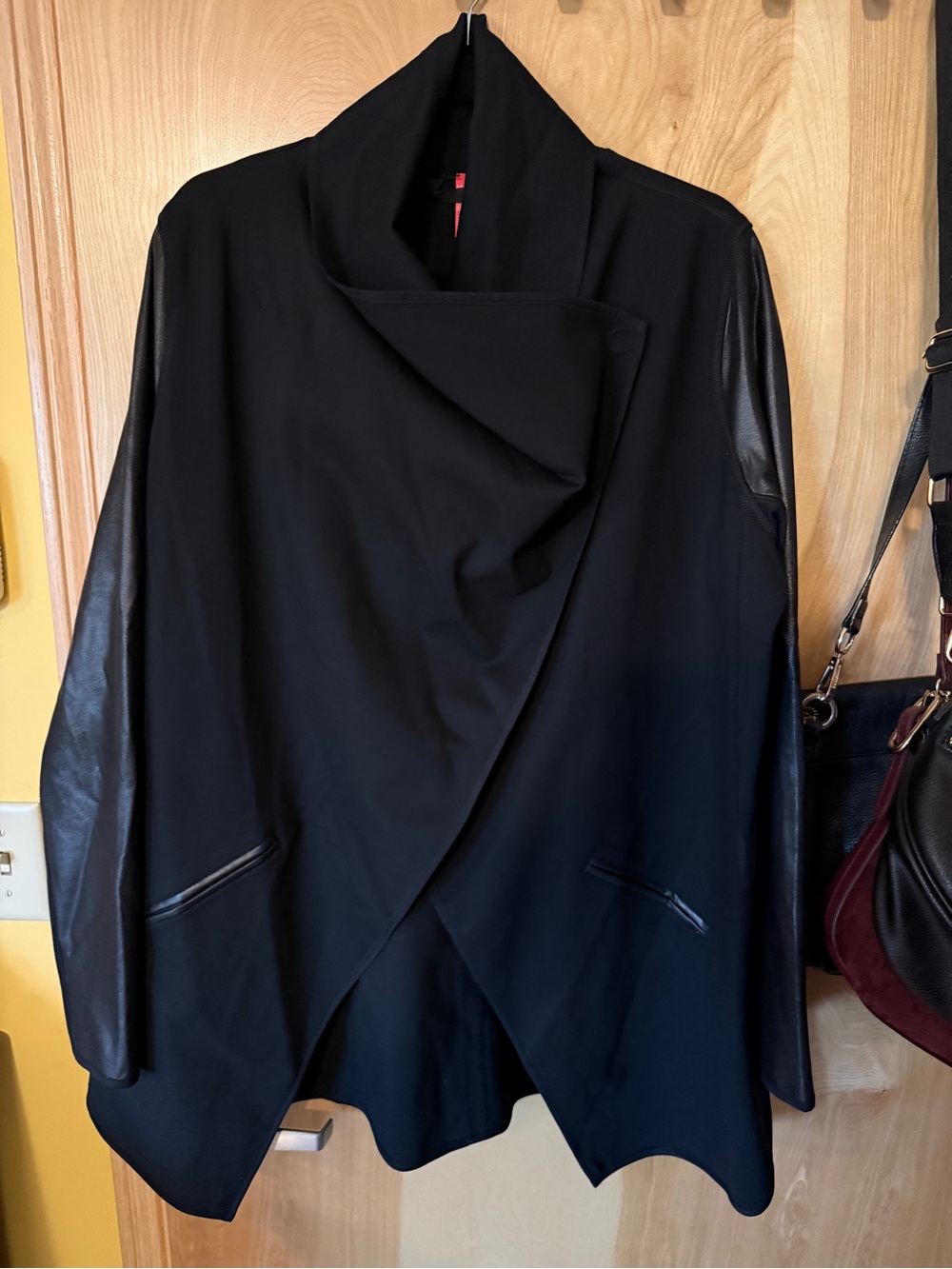 SPANX Black Draped Open-Front Blazer with Faux Leather Sleeves